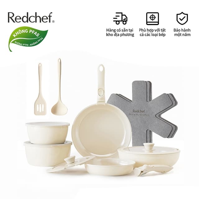 Redchef Bộ Dụng Cụ Nấu Ăn Đá Gốm Chống Dính 16 Món Tay Cầm Có Thể Tháo Rời Được Làm Bằng Chất Liệu PFAS PTFE Và PFOA Khô - Ảnh 7