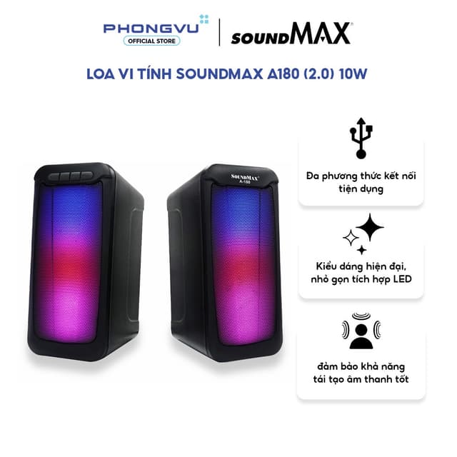 Loa vi tính SoundMax A180 (2.0) 10W - Bluetooth 5.0 - Đèn LED RGB - Bảo hành 12 tháng - Ảnh 1