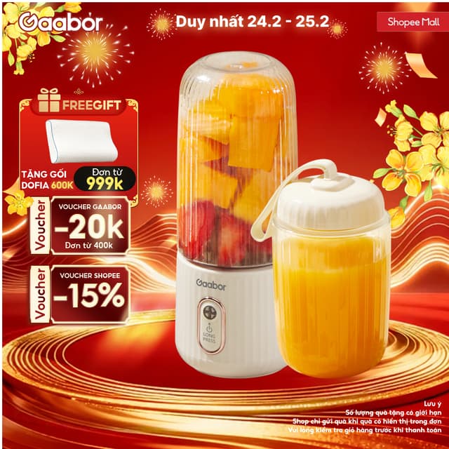 Cốc xay sinh tố cầm tay kèm ly đôi 350ml + 280ml pin sạc cổng USB nhỏ gọn Gaabor FP03T-WH01A - Ảnh 7