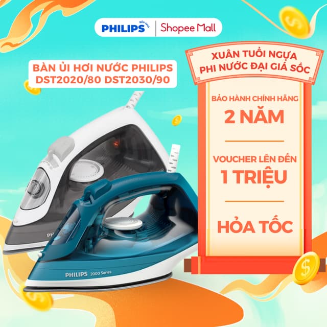 Bàn Ủi Hơi Nước PHILIPS DST2020/80 DST2030/90 (2000W - 250ml) Mặt Đế Chống Dính, Nút Trượt Xả Cặn - Ảnh 2