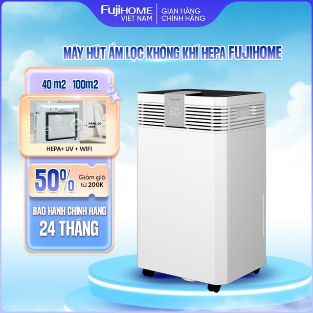 Máy hút ẩm công suất lớn 40-100m2 FUJIHOME DH60W kèm lọc không khí HEPA ,diệt khuẩn UV, kết nối Wifi điều khiển App - Ảnh 4