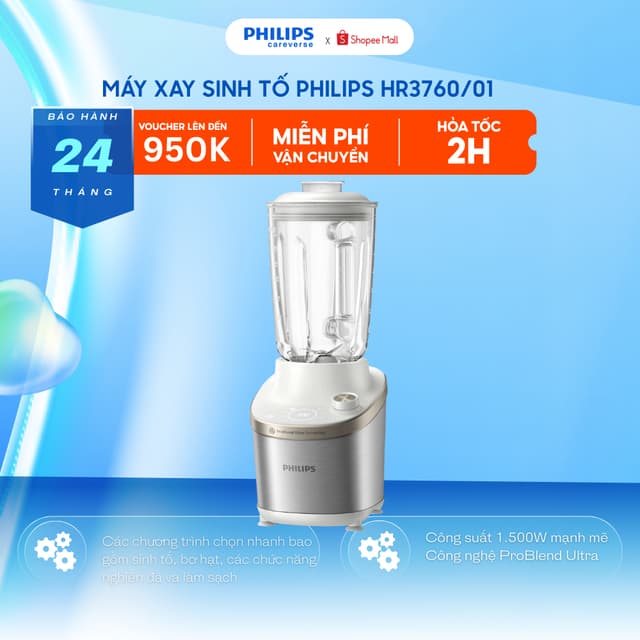 Máy Xay Sinh Tố PHILIPS HR3760/01 (1500W - 1.8L) Cối Xay Thủy Tinh, Xay Đá Nhuyễn Mịn - Ảnh 3