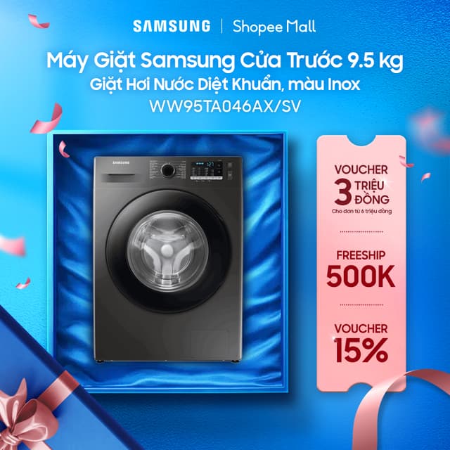 Máy Giặt Samsung Cửa Trước 9.5 kg WW95TA046AX/SV -  Giặt Hơi Nước Diệt Khuẩn, màu Inox - Ảnh 9