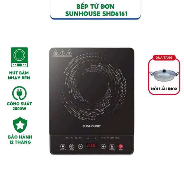 Bếp Điện Từ Đơn Sunhouse SHD6161 - Công Suất 2000W, 8 Chế Độ Nấu Đa Dạng, Tặng Kèm Nồi Lẩu 28cm - Ảnh 4