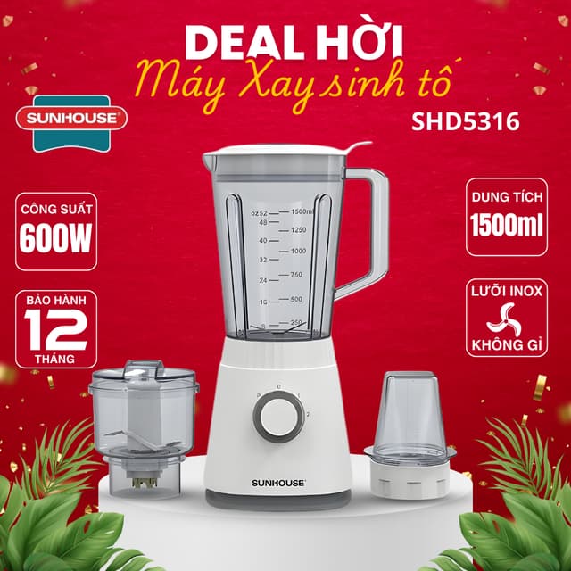 Máy xay sinh tố đa năng SUNHOUSE SHD5316, Dung tích 1.5L, Công suất mạnh 600W, 3 Cối nhựa bền bỉ - Ảnh 2