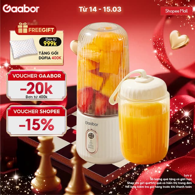 Cốc xay sinh tố cầm tay kèm ly đôi 350ml + 280ml pin sạc cổng USB nhỏ gọn Gaabor FP03T-WH01A - Ảnh 3