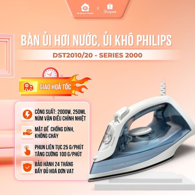Bàn ủi hơi nước Philips DST2010/20 2000W - Bình chứa 250ml - Mặt đế Ceramic chống dính - Nút trượt xả cặn - BH 24 Tháng - Ảnh 7