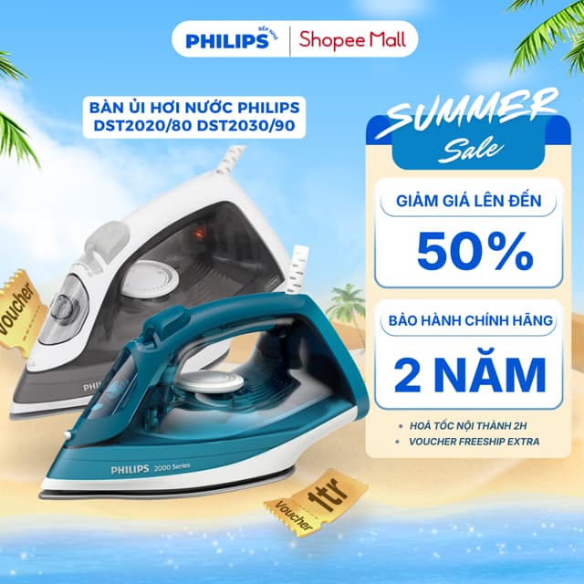 Bàn Ủi Hơi Nước PHILIPS DST2020/80 DST2030/90 (2000W - 250ml) Mặt Đế Chống Dính, Nút Trượt Xả Cặn - Ảnh 2