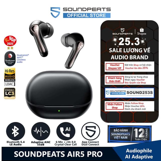 Tai nghe True Wireless SoundPEATS Air5 Pro ANC 55dB | LDAC Le Audio | APTX Lossless Bluetooth 5.4 - Ảnh 4