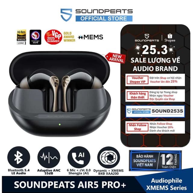 Tai nghe True Wireless SoundPEATS Air5 Pro+ Adaptive ANC 55dB | Loa Kép xMEMS | Bộ Đôi Hires LDAC APTX | Bluetooth 5.4 - Ảnh 2
