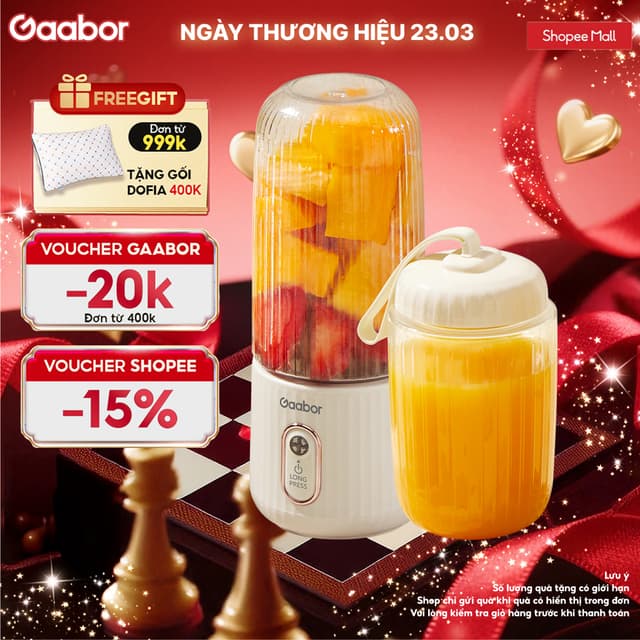 Cốc xay sinh tố cầm tay kèm ly đôi 350ml + 280ml pin sạc cổng USB nhỏ gọn Gaabor FP03T-WH01A - Ảnh 3