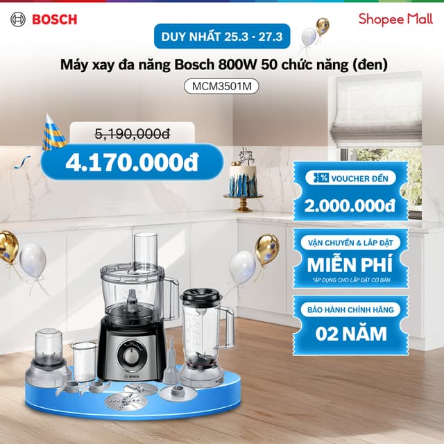 03 - 05.03 | Voucher Shopee lên đến 3TR | Máy xay đa năng Bosch MCM3501M 800W 50 chức năng (đen) - Hàng chính hãng - Ảnh 1