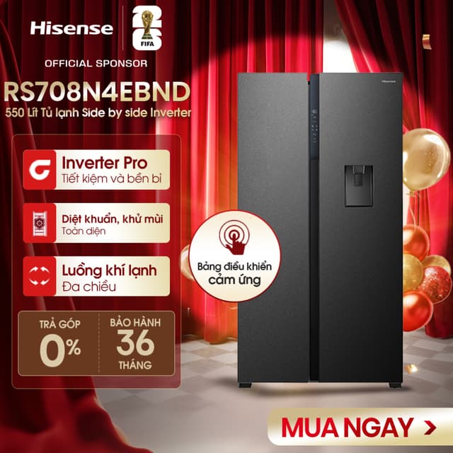 |Vận chuyển 0Đ| Tủ Lạnh Hisense Inverter 550 Lít Side By Side RS708N4EBND - Giao hàng toàn quốc - Ảnh 1