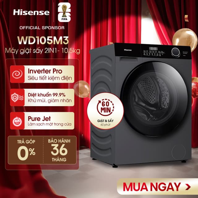 Máy giặt sấy Hisense Inverter WD105M3 Giặt 10.5 kg - Sấy 7 kg, Giặt AI thông minh, Đa dạng tiện ích - Ảnh 9