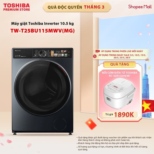 Máy Giặt Cửa Ngang Toshiba Inverter 10.5 Kg - TW-T25BU115MWV(MG) - Công Nghệ Giặt Thông Minh - Cảm Ứng Sắc Nét - Ảnh 6