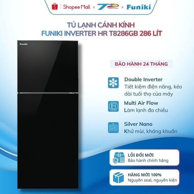 Tủ lạnh cánh kính Funiki Inverter HR T8286GB 286 lít hai cánh ngăn đá trên | BH chính hãng 2 năm - Ảnh 1