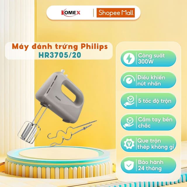 Máy đánh trứng đánh kem, trộn bột Philips HR3705/20 - Công suất 300W- 5 tốc độ quay - Bảo Hành 24 Tháng - Ảnh 10