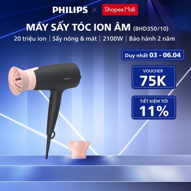 Máy Sấy Tóc PHILIPS BHD350/10, Công Suất 2100 W, Cung Cấp ion Chăm Sóc Tóc, Bảo Hành Chính Hãng 24 Tháng - Ảnh 8