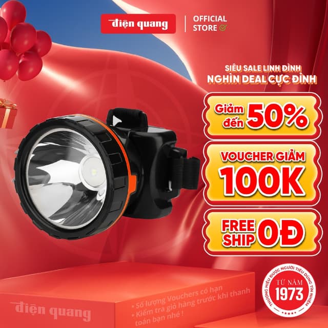 Đèn pin đội đầu Điện Quang ĐQ PFL13 R BLO ( Pin sạc, Đen-cam, 1W ) - Ảnh 1
