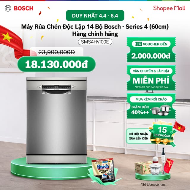 04.04 - 06.04 | Voucher Shopee lên đến 3tr | Máy Rửa Chén Độc Lập 14 Bộ Bosch SMS4HVI00E – Series 4 (60cm) –  - Ảnh 3