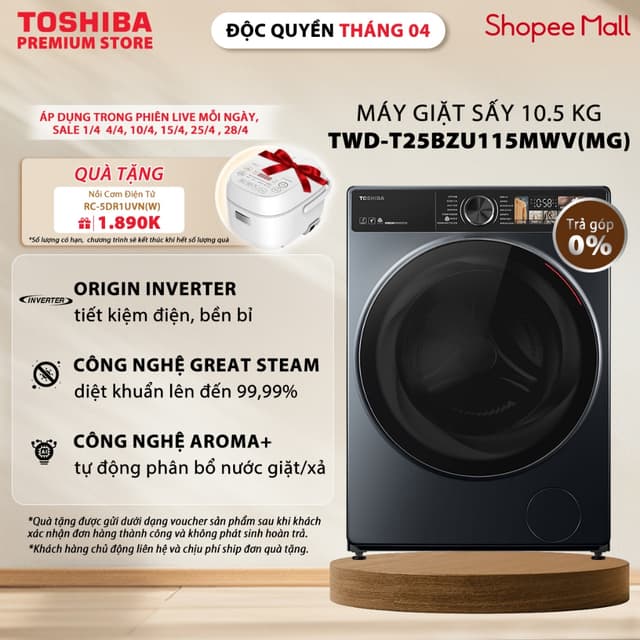 Máy Giặt Sấy Toshiba Inverter Giặt 10.5 kg - Sấy 7 kg TWD-T25BZU115MWV(MG) - Giặt Thông Minh - Màn Hình Màu - Ảnh 9
