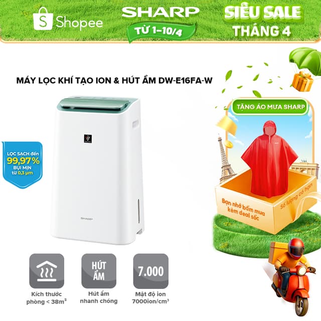 Máy tạo Plasmacluster ION và hút ẩm DW-E16FA-W Sharp [Diện tích 38 m2, Có tính năng hẹn giờ, hong khô quần áo] - Ảnh 3