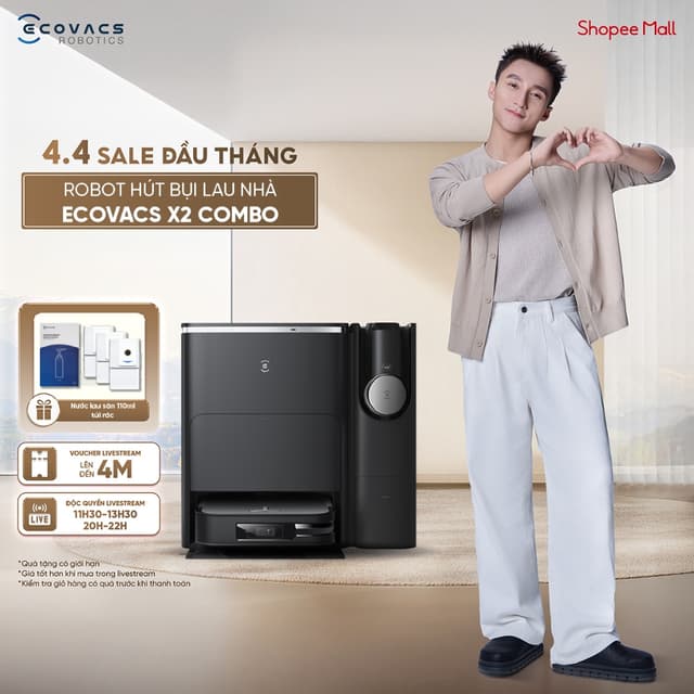 Robot hút bụi lau nhà và máy hút bụi cầm tay Ecovacs Deebot X2 Combo - Lực hút 8.700Pa -Trợ lý giọng nói - BH 24 tháng - Ảnh 5