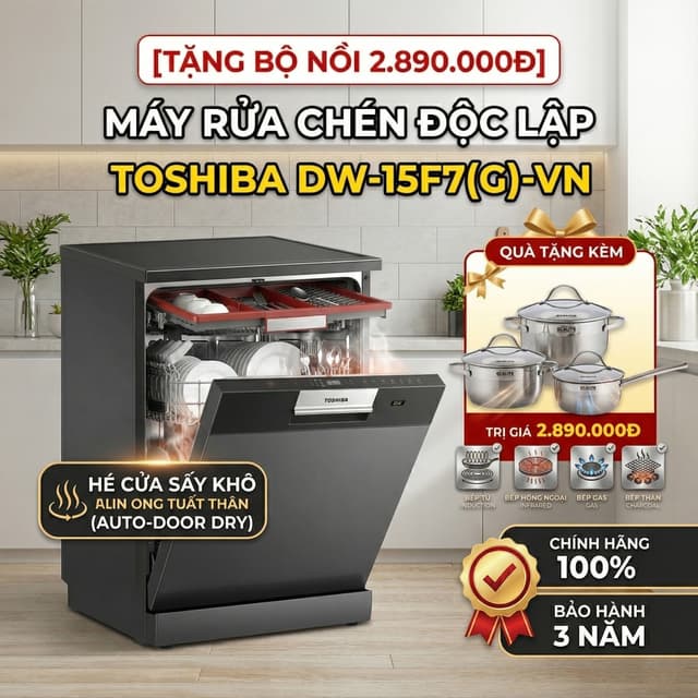 DW-15F7(G)-VN - New 2026 | Máy rửa bát Toshiba DW-15F7(G)-VN | Máy rửa chén độc lập Toshiba - Tặng quà 2.890K - Ảnh 1