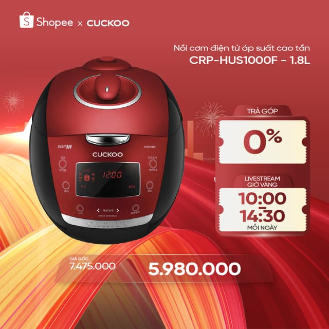 Nồi cơm điện tử áp suất cao tần Cuckoo 1.8 lít CRP-HUS1000F màu đỏ- lòng nồi chống dính cao cấp phủ Xwall Black - Ảnh 3
