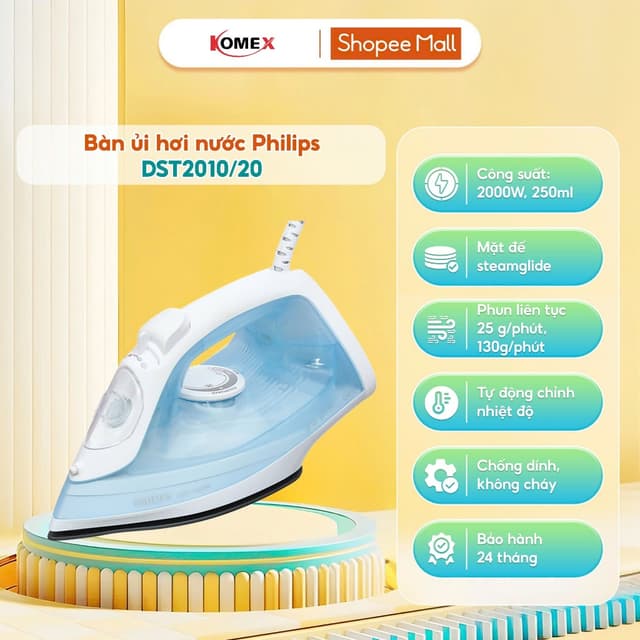 Bàn ủi hơi nước Philips DST2010/20, 2000W, 250ml, Mặt đế Non-stick chống dính, Hơi phun 25g/p tăng cường 100g, BH 2 năm - Ảnh 7
