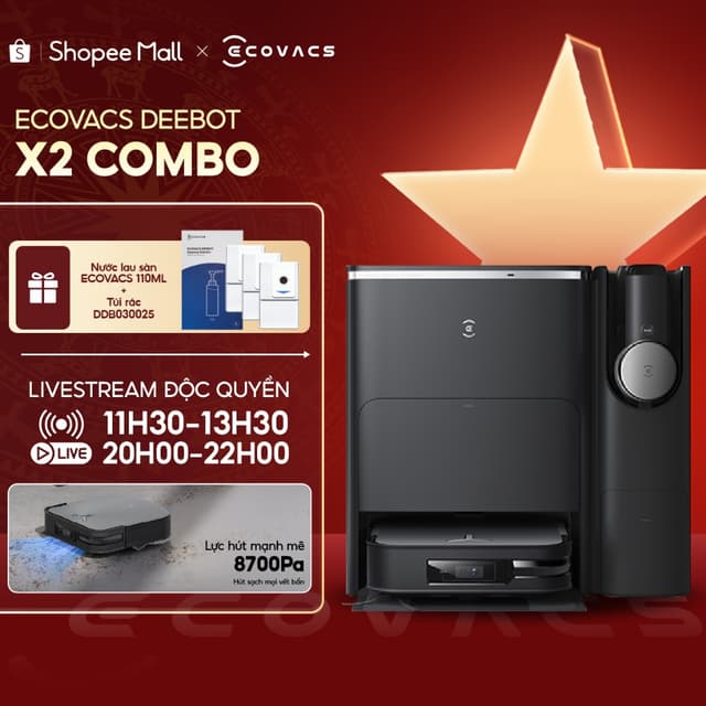 Robot hút bụi lau nhà và máy hút bụi cầm tay Ecovacs Deebot X2 Combo - Lực hút 8.700Pa -Trợ lý giọng nói - BH 24 tháng - Ảnh 2