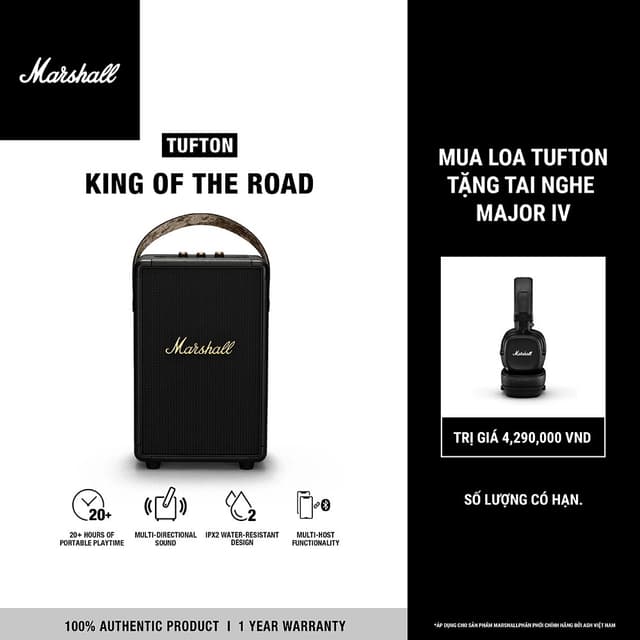 [Tặng Tai nghe] Loa Marshall Bluetooth TUFTON Portable -Pin lên đến 20 giờ - Bảo Hành Chính Hãng 1 Đổi 1 Trong 1 Năm - Ảnh 8