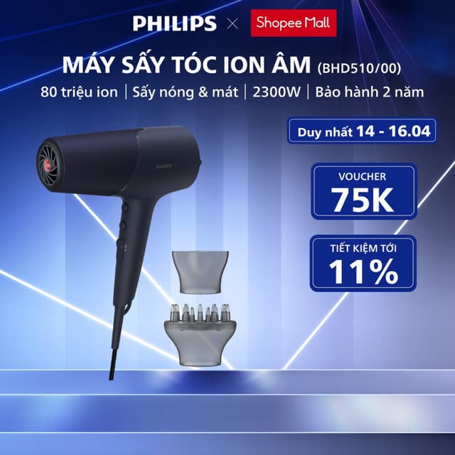 Máy Sấy Tóc PHILIPS BHD510/00, Công Suất 2300 W, Cung cấp 80 triệu ion Chăm Sóc Tóc, Bảo Hành 24 Tháng - Ảnh 8