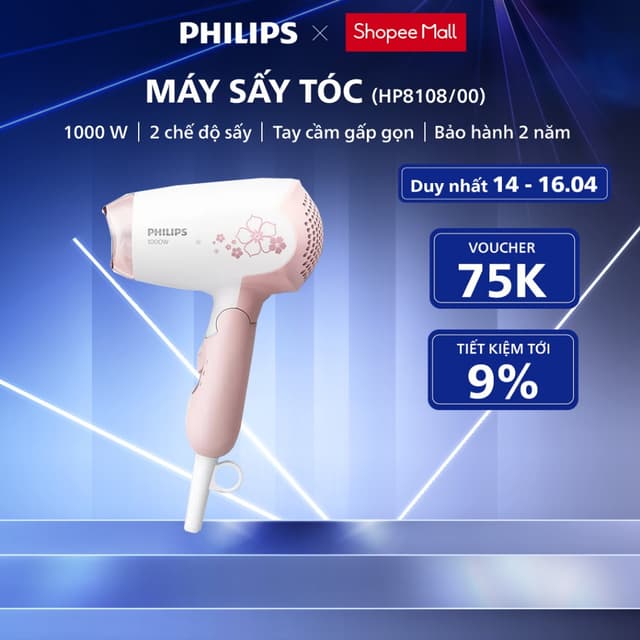 Máy Sấy Tóc PHILIPS HP8108/00, Nhỏ Gọn, Tay Cầm Gấp Gọn Tiện Lợi, Công Suất 1000 W, Bảo Hành 24 Tháng - Ảnh 8