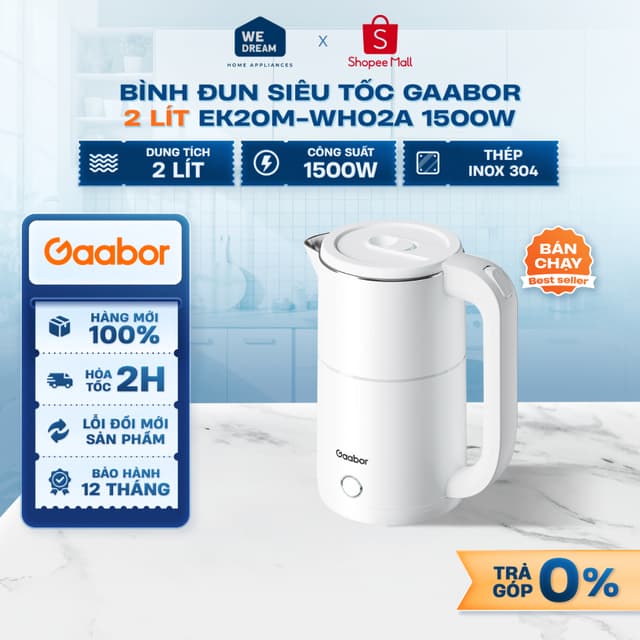 EK20M-WH02A - Bình Đun Siêu Tốc Gaabor 2 Lít EK20M-WH02A 1500W - Hàng Chính Hãng, Mới 100% - Ảnh 8