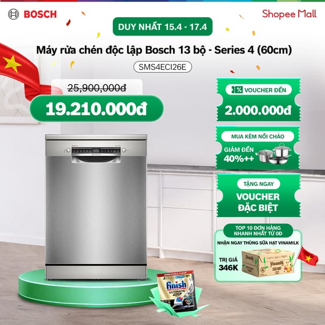 15.04 - 17.04 | Voucher Shopee lên đến 3tr | Máy rửa chén độc lập Bosch 13 bộ SMS4ECI26E - Series 4 (60cm) - Ảnh 1