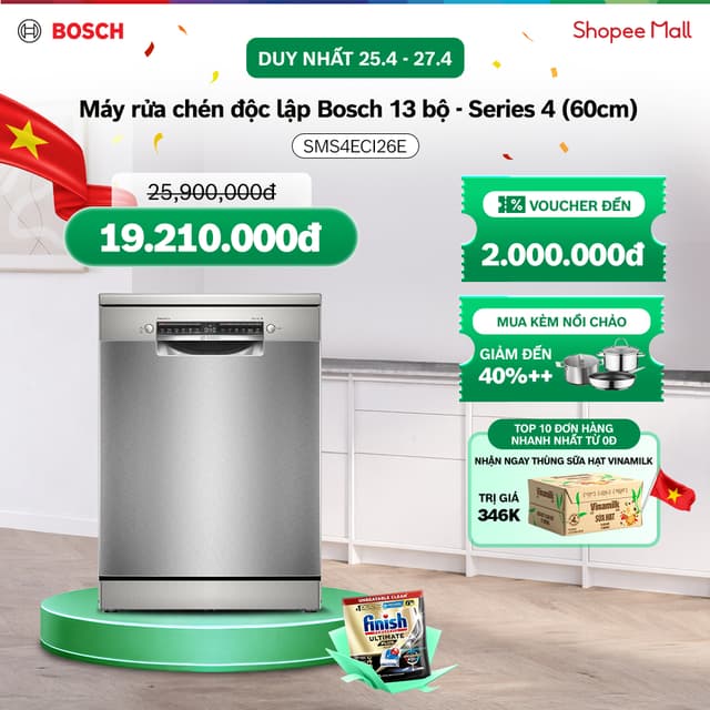 25.04 - 27.04 | Voucher Shopee lên đến 3tr | Máy rửa chén độc lập Bosch 13 bộ SMS4ECI26E - Series 4 (60cm) - Ảnh 1
