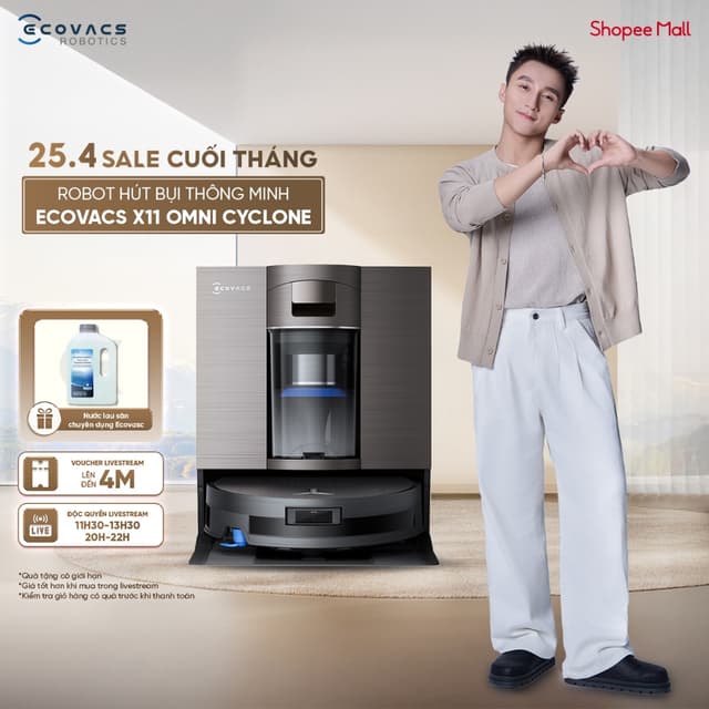 Robot hút bụi lau nhà Ecovacs DEEBOT X11 OmniCyclone - Lực hút tối đa 19.500Pa - AI Stain Detection 2.0 - BH chính hãng - Ảnh 9