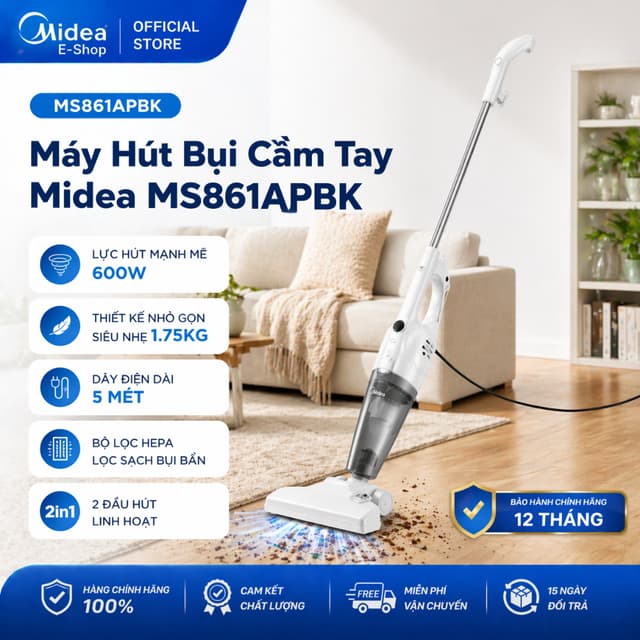 Máy Hút Bụi Cầm Tay Midea MS861APBK | Lực Hút Mạnh, 2 Đầu Hút, Nhỏ Gọn, Dễ Vệ Sinh, Chính Hãng - Ảnh 1