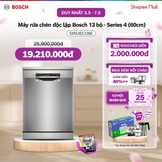 05.05 - 07.05 | Voucher Shopee lên đến 3tr | Máy rửa chén độc lập Bosch 13 bộ SMS4ECI26E - Series 4 (60cm) - Ảnh 1
