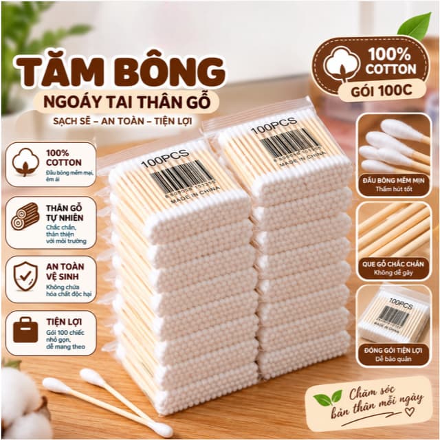 ❌COMBO 10❌ Tăm Bông Ngoáy Tai Thân Gỗ,(Gói 100c) Tăm Bông Nặn Mụn Hai Đầu Đa Năng Vệ Sinh An Toàn 88383 THẾ GIỚI 88 - Ảnh 2