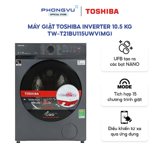 Máy giặt Toshiba Inverter 10.5 kg TW-T21BU115UWV(MG) - Bền bỉ, Tiết kiệm điện, Phù hợp gia đình 4-7 người - Ảnh 10