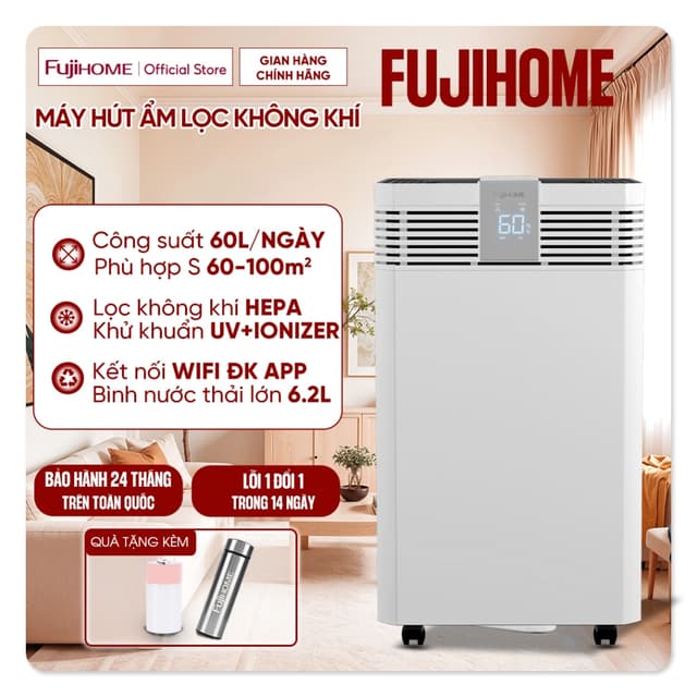 Máy hút ẩm công suất lớn 100m2 Fujihome DH60W-HEPA, công nghệ máy nén lọc không khí HEPA ION, cho gia đình, công nghiệp - Ảnh 10