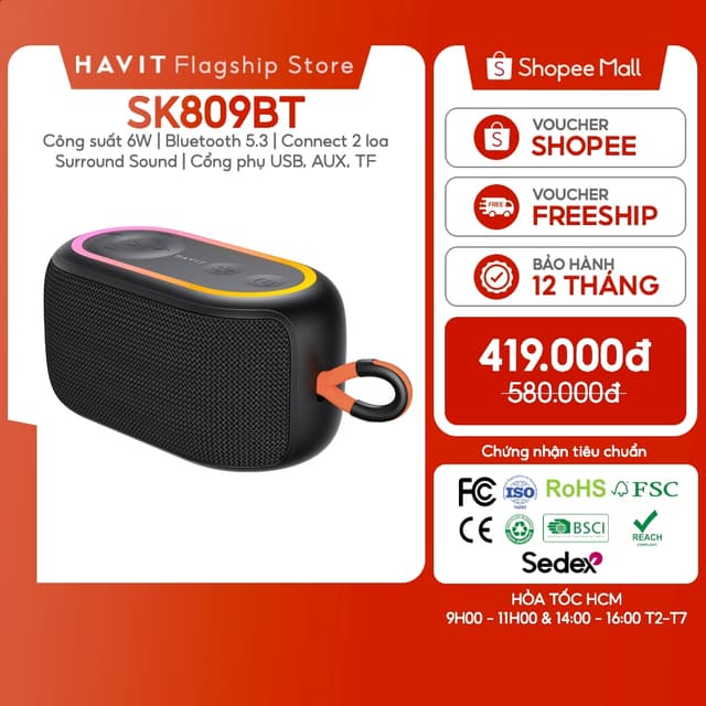 Loa Bluetooth Havit SK809BT Di Động IPX6 Âm Thanh Vòm 6W | Led RGB - Ảnh 7