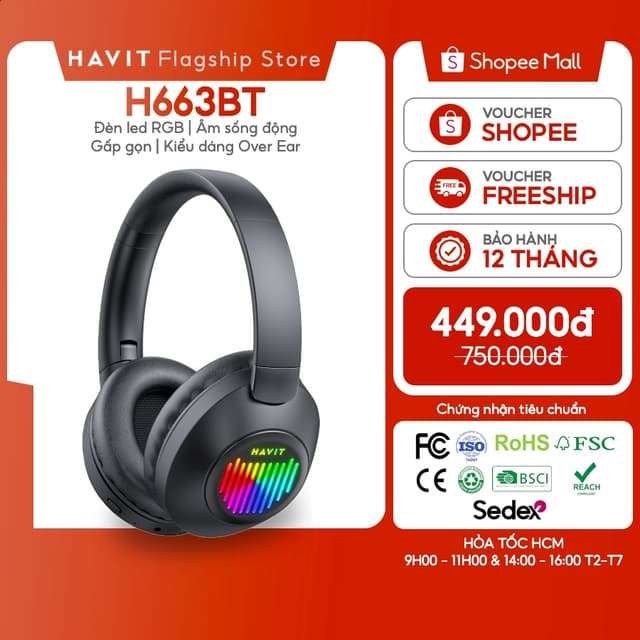 Tai nghe Bluetooth Headphone Havit H663BT Pin 26 tiếng | Kết Nối 2 Thiết Bị | Led RGB Bluetooth 5.3 - Ảnh 3