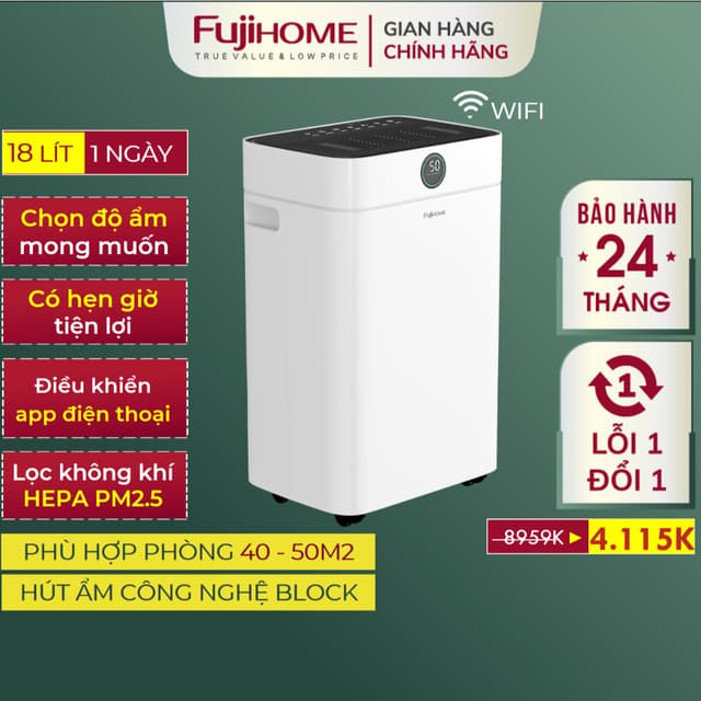 Máy hút ẩm lọc không khí đa tầng DH18W.HEPA Nhập Khẩu FUJIHOME, Máy hút ẩm dân dụng 18L/ngày điều khiển qua App - Ảnh 9