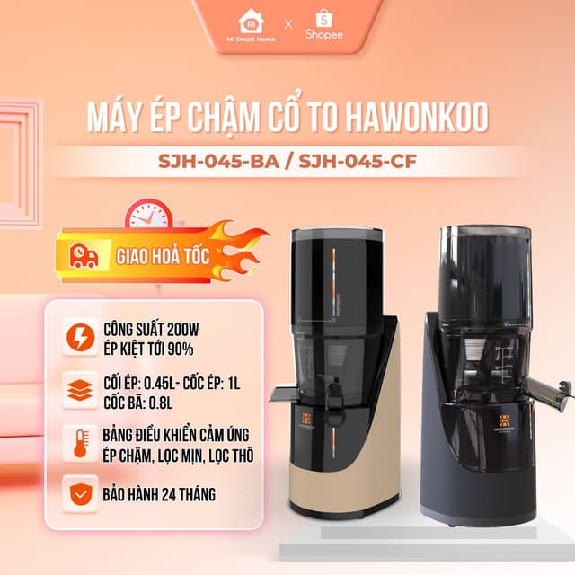 Máy ép chậm cổ to Hawonkoo SJH-045-BA/ SJH-045-CF, Công suất 200W, Dung tích lớn, Ép kiệt tới 90%,Cảm ứng, Bảo hành 24T - Ảnh 7