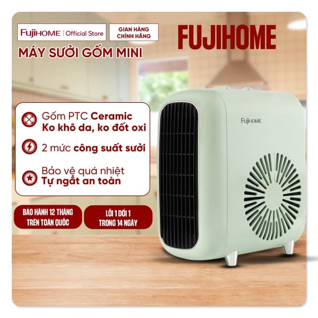 Máy sưởi gốm nhập khẩu không khô da FUJIHOME FH1200 tiết kiệm điện, quạt sưởi ấm mini chính hãng không đốt oxi tự ngắt - Ảnh 1