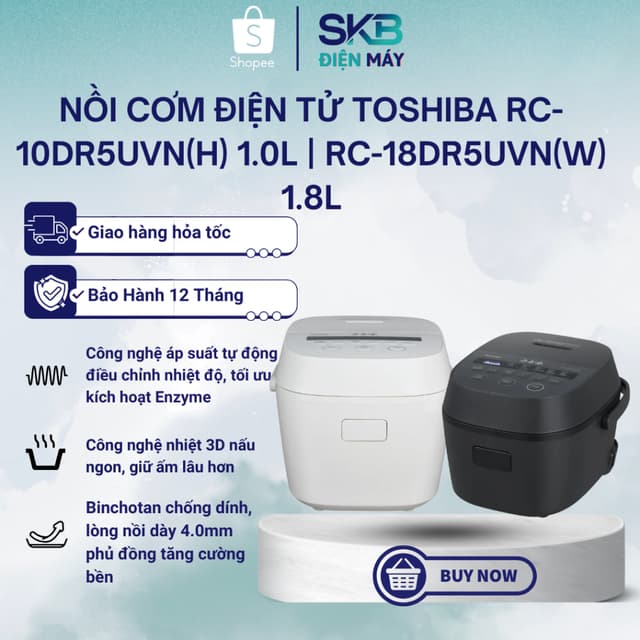 Nồi cơm điện tử Toshiba RC-10DR5UVN(H) Đen 1 Lít | RC-18DR5UVN(W) Trắng/ Đen 1.8 Lít - Bảo Hành 12 Tháng - Ảnh 3
