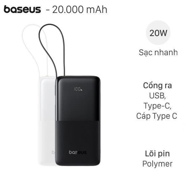Thanh lý SDP Polymer 20000mAh Type C PD QC 3.0 20W Baseus Bipow 2 PPBD2-2W20 kèm Cáp Dây Rút Type C ( Like New ) - Ảnh 11